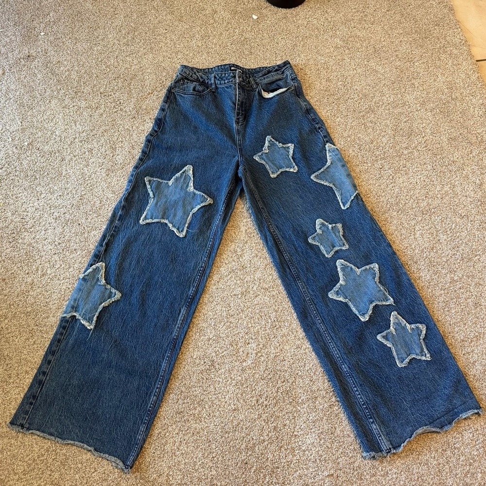 Hot Topic Women's SZ 9 Star Patch Wide Leg Jeans Blue Denim Distressed High Rise